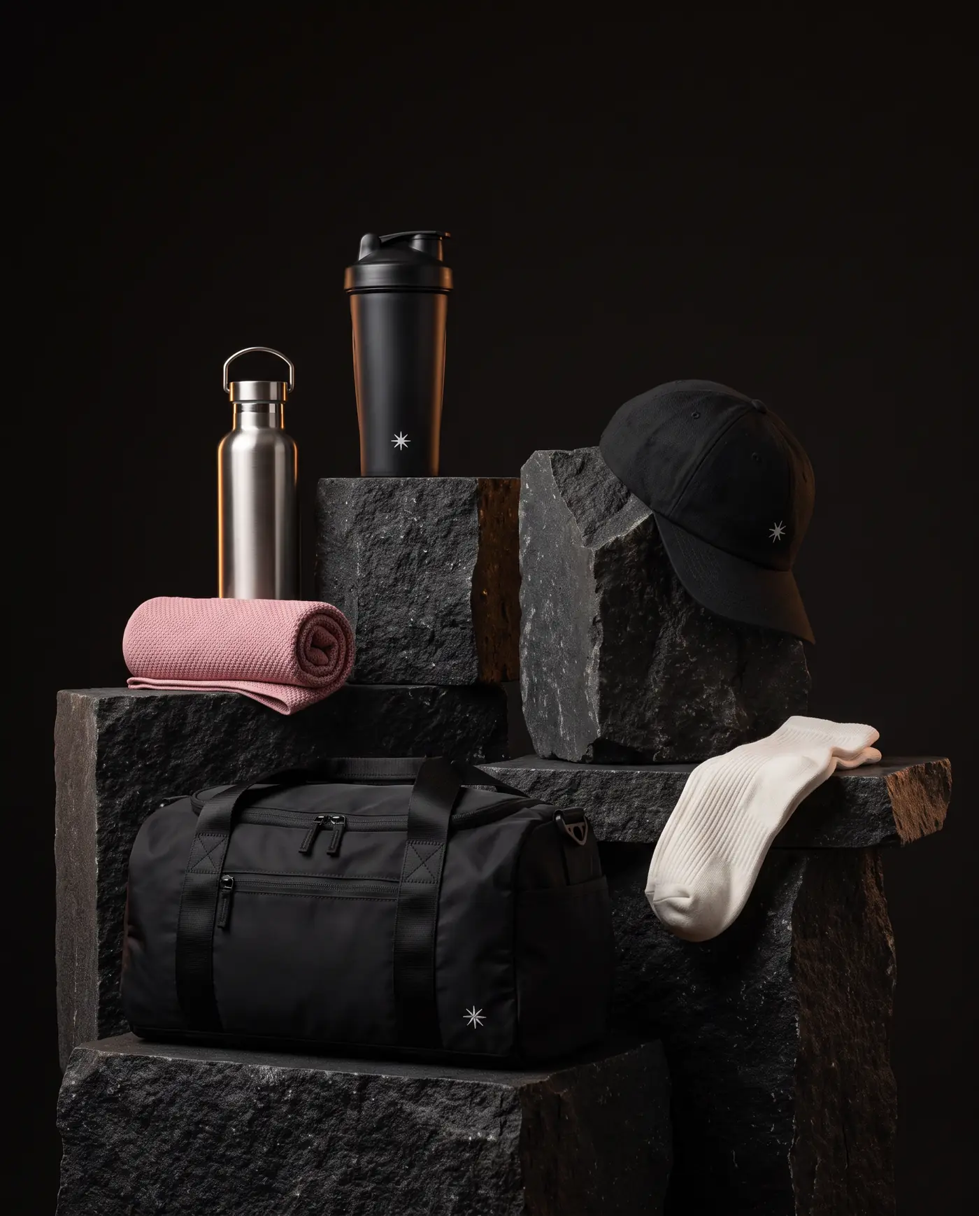 Shaker, vattenflaska, keps, rosa handduk, strumpor och gymväska på svarta stenblock.